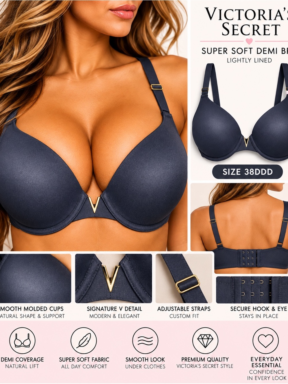 Victoria's Secret dark gray super soft lined Demi  Bra Sz 38DDD NWT
